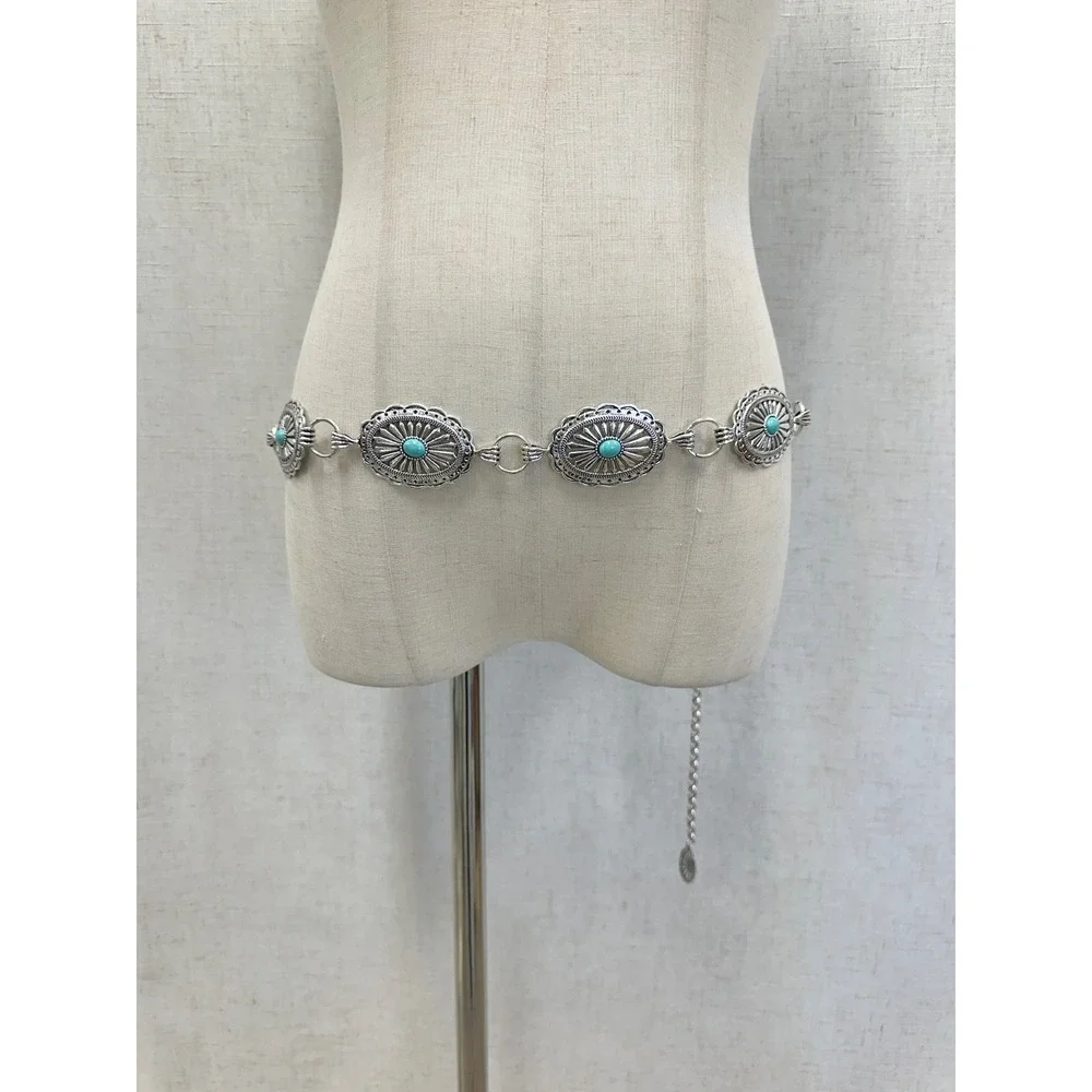 Unbranded Silver Turquoise Concho Chain Belt Womens OS‎ Western Boho Festival